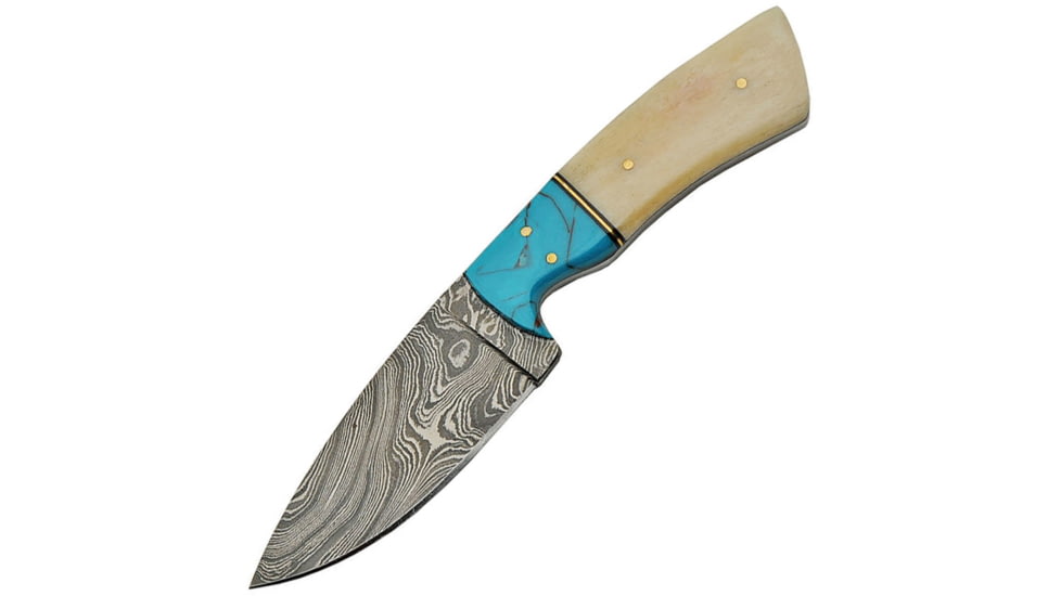 Damascus Bone Knife, 8.5in Overall, 4in Damascus Steel Blade, Smooth Bone And Turquoise Handle, Brown Leather Sheath, DM-1186