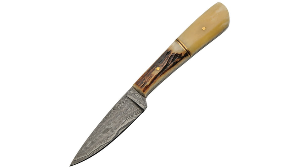 Damascus Bone/Stag Knife, 7in Overall, 3in Damascus Steel Blade, White Smooth Bone And Stag Bone Handle, Brown Leather Sheath, DM-1174