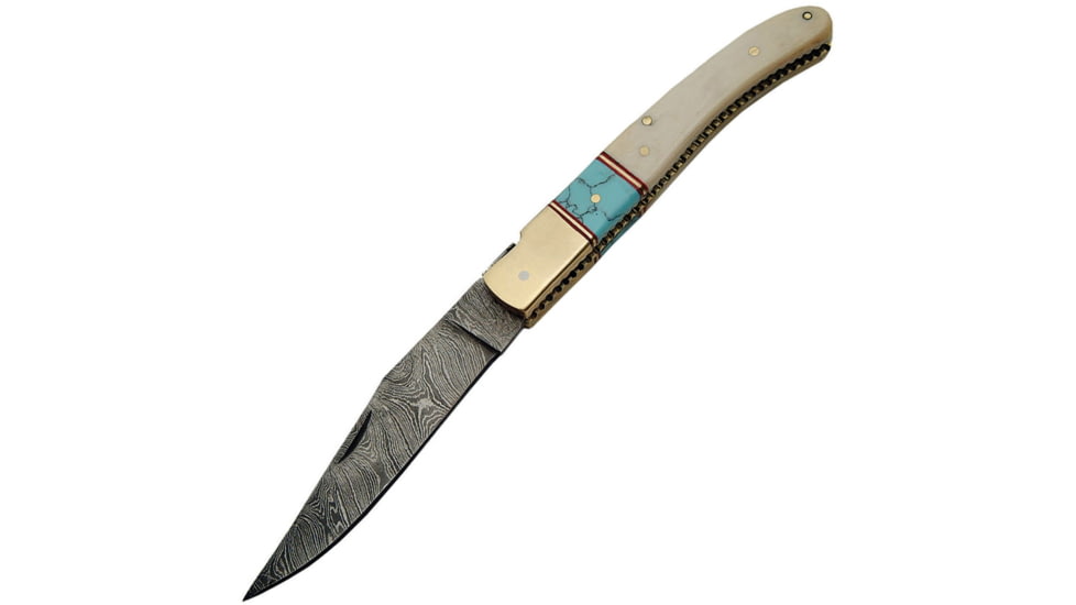 Damascus Bone Turquoise Folder, 4in Damascus Steel Clip Point Blade, Brass BolsterS, White Smooth Bone And Turquoise, DM-1156BO