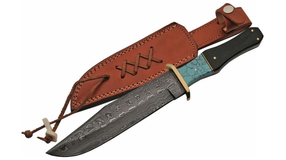 Damascus Bowie Knife, 12.25in Overall, 7.25in Damascus Steel Clip Point Blade, Brass Guard, Horn And Turquoise Handle, Brown Leather Sheath, DM-1149