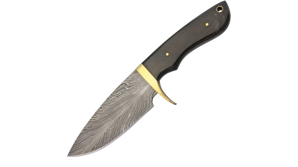 Damascus Hunter Horn Handle Fixed Blade Knife, 4.5in, Damascus Steel, Black, Horn Handle, DM1089HN