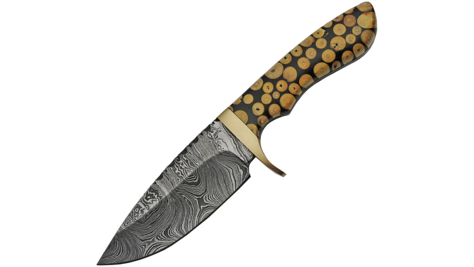 Damascus Fixed Blade Knotted Wood Knife, 4.25 Damascus steel blade, Knotted wood and black resin handle, DM-1210
