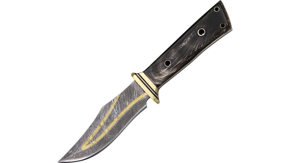 Damascus Hunter Fixed Blade Knife,4.375in,Clip Point Blade,Black Horn Handle DM1061