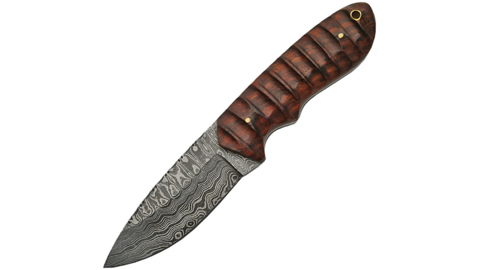 Damascus Hunter Grooved Rosewood Knife, 8.5in Overall, 4in Damascus Steel Drop Point, Sculpted Rosewood Handle, Brown Leather Sheath, DM-1141
