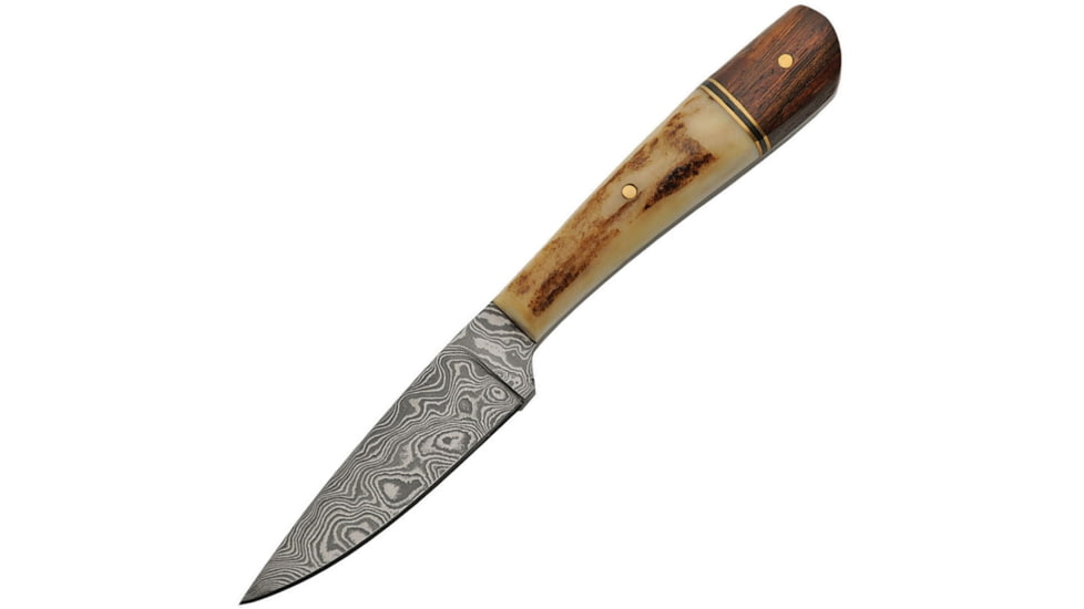 Damascus Knife, 7in Overall, 3in Damascus Steel Blade, Stag Bone And Rosewood Handle, Brown Leather Sheath, DM-1176