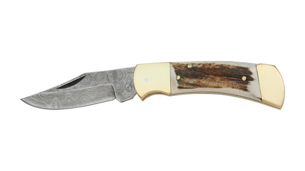 Damascus Lockback Fold Knife, Steel Clip Blade, Stag Handles with brass bolsters DM1019