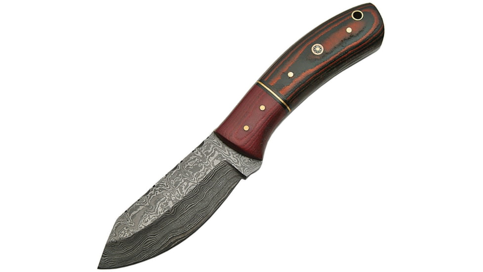 Damascus Skinner Burgundy Micarta Knife, 8.5in Overall, 4in Damascus Steel Blade, Canvas Micarta Handle, Burgundy Handle, Brown Leather Sheath, DM-1139