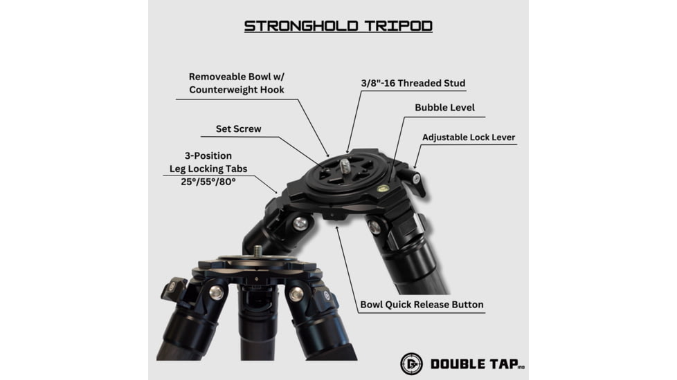 Double Tap Industries Stronghold Carbon Fiber Shooting Tripod w/Leveling Head, Black, TRI-CF-002L