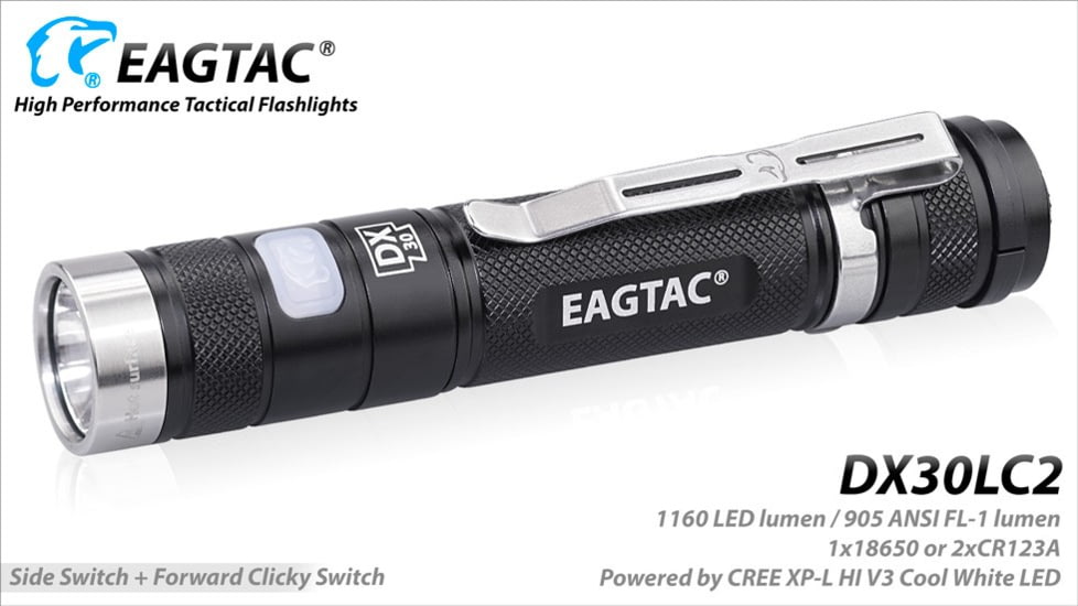 EAGTAC DX30LC2 Side Switch Forward Clicky Flashlight, XP-L HI V2 NW LED, 1084lm, Black, DX30LC2-XPLHI-NW