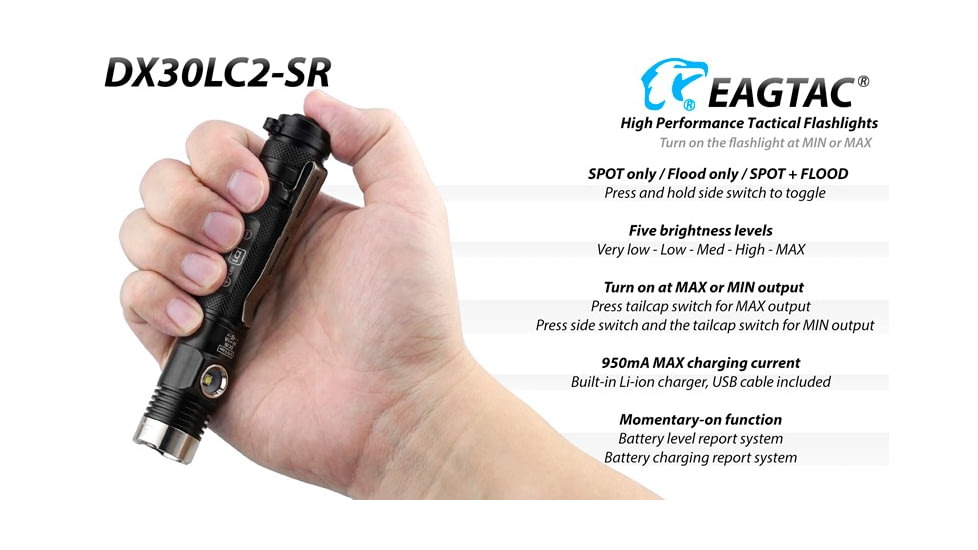 EAGTAC DX30LC2-SR Side-LED Rechargeable Flashlight Kit, Spot XP-L HI V2 NW w/ Flood Nichia 219B CRI92 5700K LED, 1080lm/390lm, Black, DX30LC2SR-XPLHINW-SIDE219B-KIT