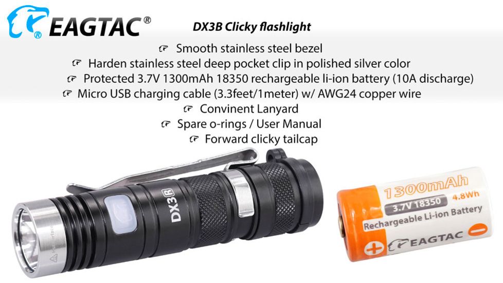 EAGTAC DX3B Clicky Rechargeable XHP50.2 LED 2500 Lumen LED Flashlight, Black, Small 4249