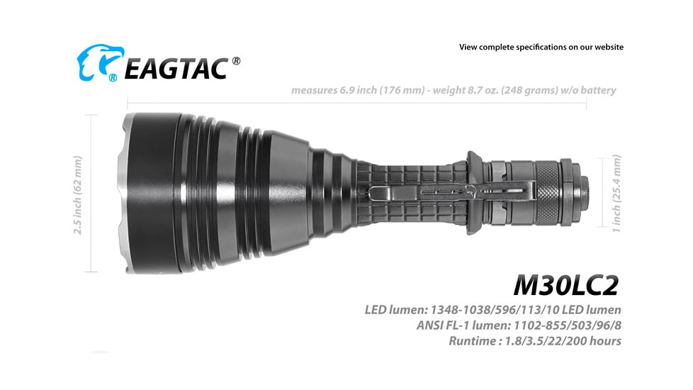 EAGTAC M30LC2 Flashlight, XM-L2 U4 CW LED, 1348lm, Black, M30LC2-XML2-BASE-CW