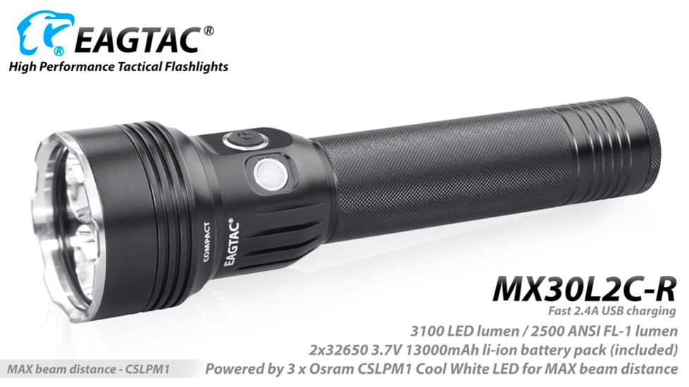 EAGTAC MX30L2CR 3 x CSLPM1 Flashlight, 32650 13000mAh li-ion, CW LED, 3100 Lumen, Black, MX30L2CR-3*CSLPM1-CW