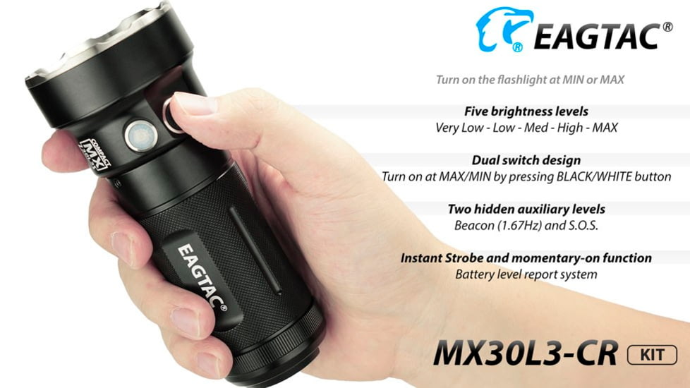 EAGTAC MX30L3-CR Base Flashlight, 6 Nichia 219C CRI92 4000K LED, 3850lm, Black, MX30L3CR-6*219C-BASE-NW