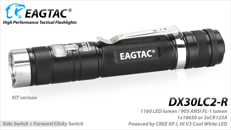 Eagtac Rechargeable DX30LC2-R XPL HI 1160 Lumens LED Flashlight Kit, Black, Medium, DX30LC2RXPLHIKIT