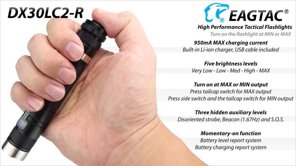 Eagtac Rechargeable DX30LC2-R XPL HI 1160 Lumens LED Flashlight Kit, Black, Medium, DX30LC2RXPLHIKIT