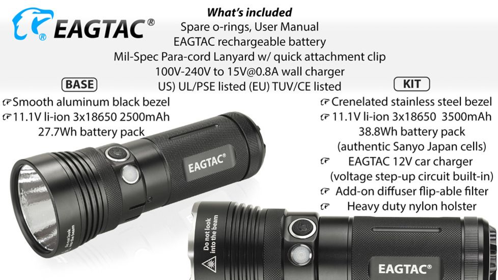 Eagtac Rechargeable MX30L3-R XHP70 4625 Lumens LED Flashlight Kit, Black, Medium, MX30L3RXHP70KIT