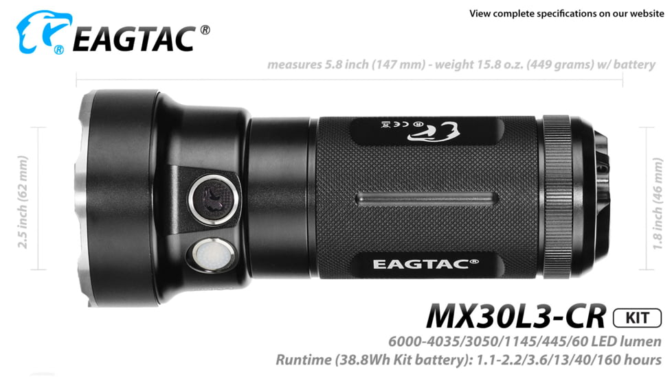 Eagtac Rechargeable MX30L3C-R 6XPL HI 5250 Lumens LED Flashlight Kit, Black, Medium, MX30L3CR6*XPLHIKIT