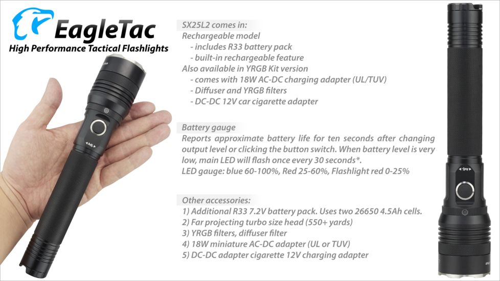 Eagtac Rechargeable SX25L2 XM-L2 U4 1494 Lumens LED Flashlight, Black, Medium, SX25L2XML2