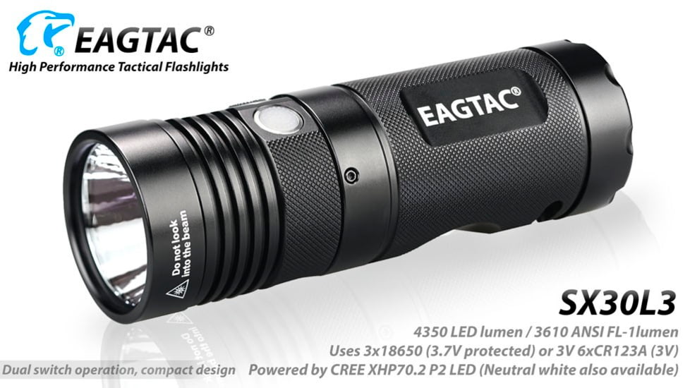 EAGTAC SX30L3 Flashlight, XHP70.2 CW LED, 4350lm, Black, SX30L3-XHP702-REG-CW