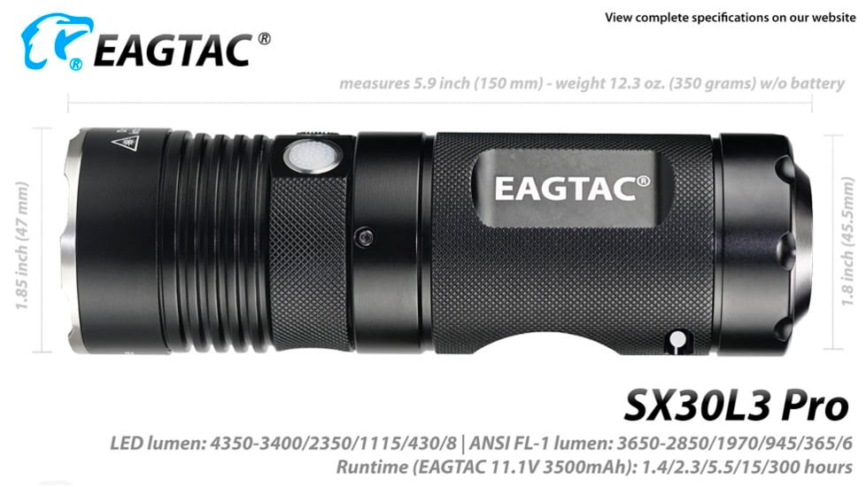EAGTAC SX30L3 Pro Flashlight, XHP70.2 CW LED, 4350lm, Black, SX30L3-XHP702-PRO-CW