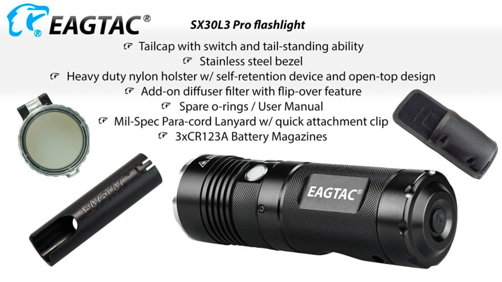 EAGTAC SX30L3 Pro Flashlight, XHP70.2 CW LED, 4350lm, Black, SX30L3-XHP702-PRO-CW