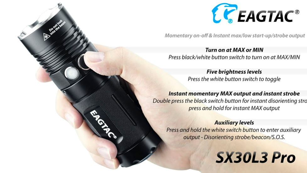 EAGTAC SX30L3 Pro Flashlight, XHP70.2 CW LED, 4350lm, Black, SX30L3-XHP702-PRO-CW