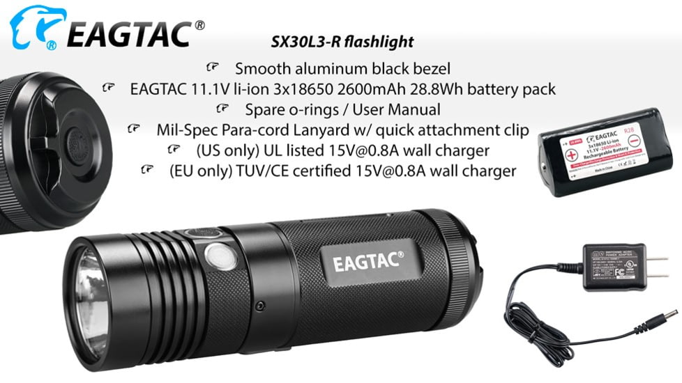 EAGTAC SX30L3-R Flashlight, XHP70.2 CW LED, 4850lm, Black, SX30L3R-XHP702-REG-CW