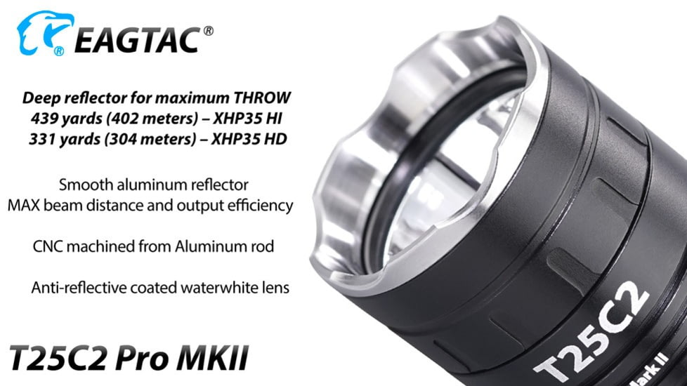 EAGTAC T25C2 MKII Pro Flashlight, XHP35 HD NW LED, 1860lm, Black, T25C2-MKII-XHP35-HD-PRO-NW