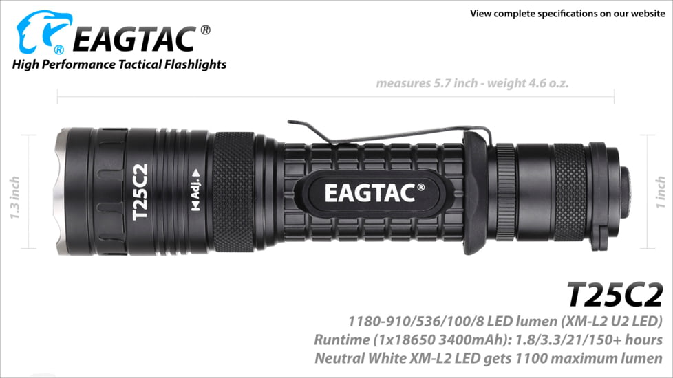 Eagtac T25C2 XPLHI 1148 Lumen Tactical Flashlight KIT, Black, Medium, T25C2XPLHIWEAPONKIT