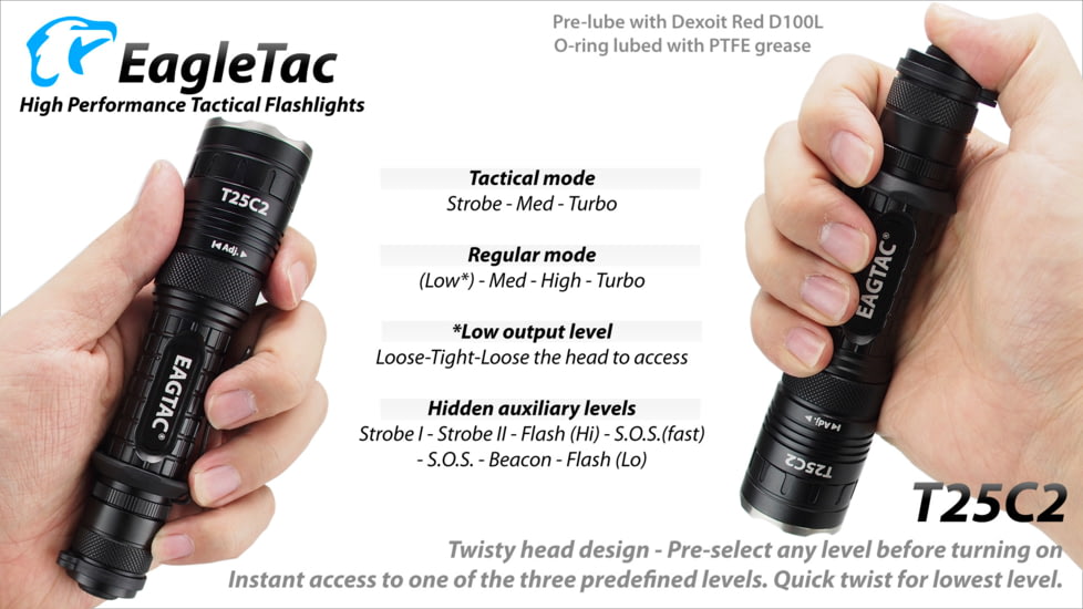 Eagtac T25C2 XPLHI 1148 Lumen Tactical Flashlight KIT, Black, Medium, T25C2XPLHIWEAPONKIT