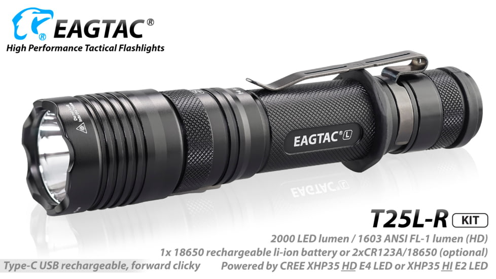 EAGTAC T25L-R Base Flashlight, XHP35 HI NW LED, 1750lm, Black, T25LR-XHP35-HI-BASE-NW