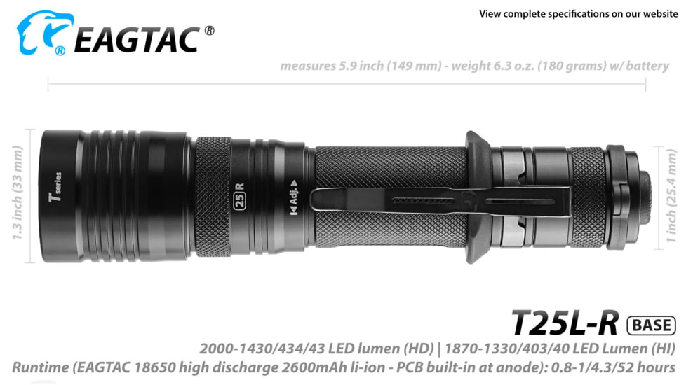 EAGTAC T25L-R Base Flashlight, XHP35 HI NW LED, 1750lm, Black, T25LR-XHP35-HI-BASE-NW