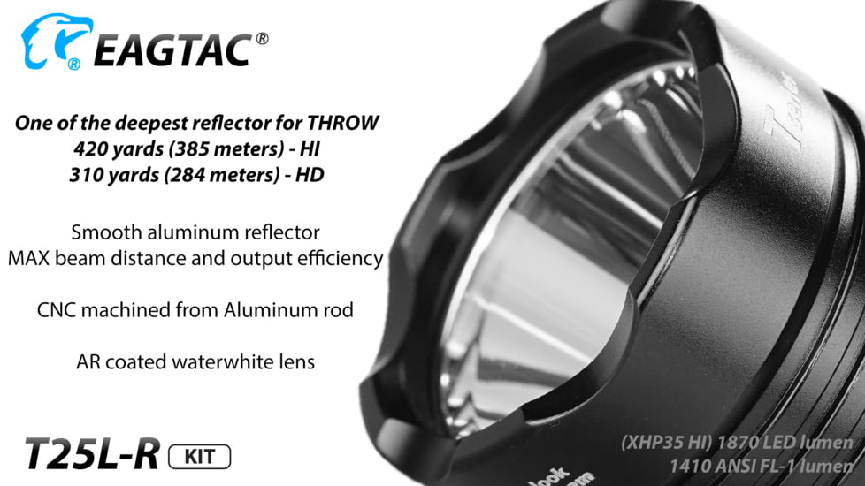 EAGTAC T25L-R Base Flashlight, XHP35 HI NW LED, 1750lm, Black, T25LR-XHP35-HI-BASE-NW