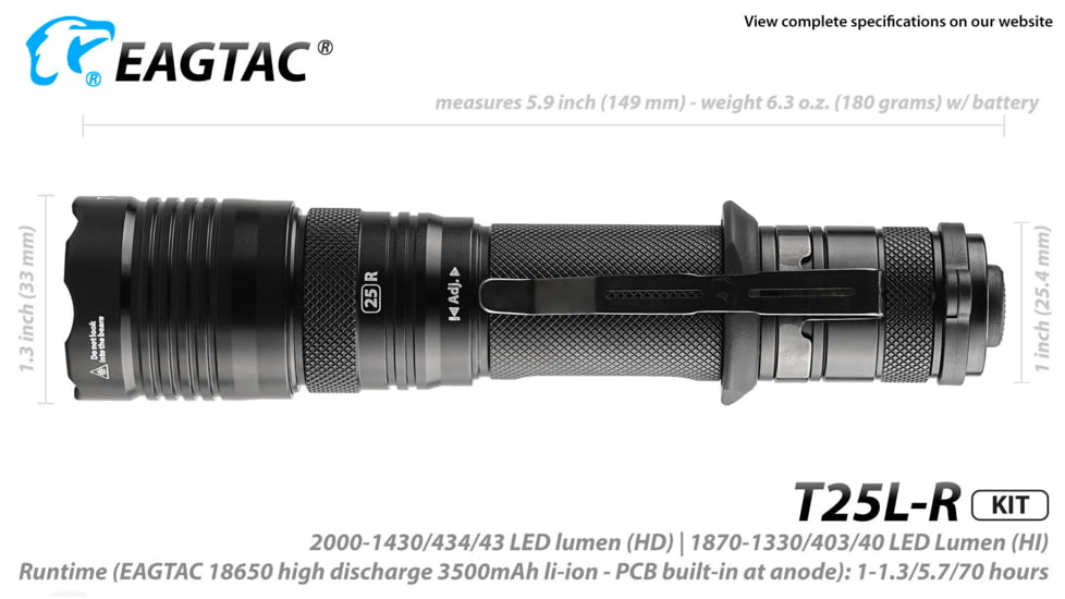 EAGTAC T25L-R Base Flashlight, XHP35 HI NW LED, 1750lm, Black, T25LR-XHP35-HI-BASE-NW