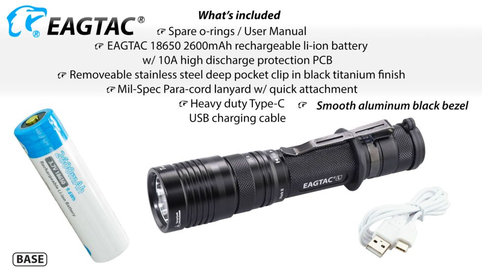 EAGTAC T25L-R MKII Flashlight Base, XHP35 HD CW LED, 2200lm, Black, Medium 4109