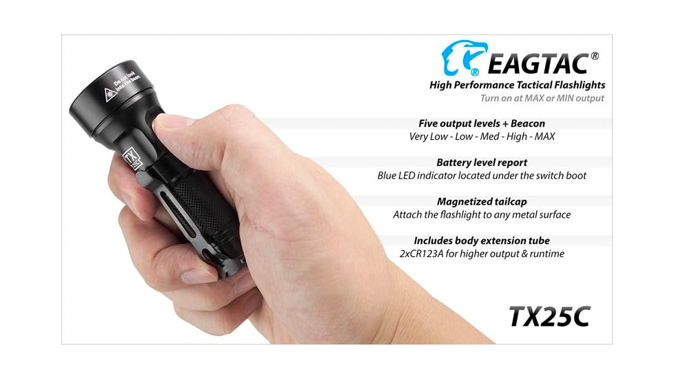 EAGTAC TX25C Flashlight, XM-L2 U2 NW LED, 567lm, Black, TX25C-XML2-BASE-NW