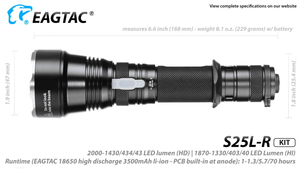 Eagtac USB Rechargeable S25LR XHP35 HD 2000 Lumen Tactical Flashlight KIT, Black, Medium, S25LRXHP35HDKIT