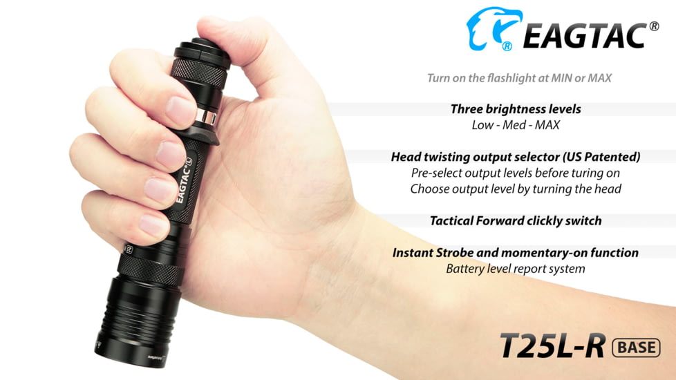 Eagtac USB Rechargeable T25LR XHP35 HI 385 Meter Tactical Flashlight Base, Black, Medium, T25LRHI