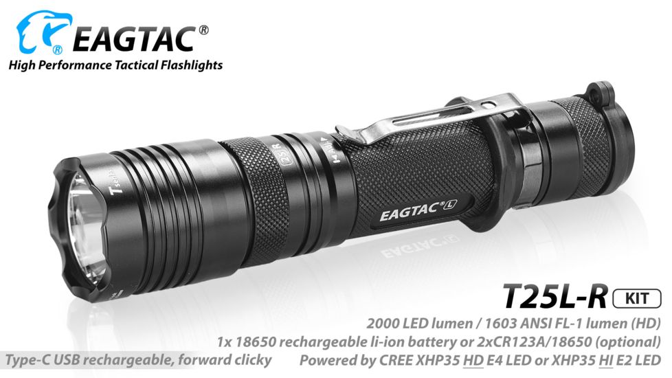 Eagtac USB Rechargeable T25LR XHP35 HI 385 Meter Tactical Flashlight KIT, Black, Medium, T25LRHIKIT