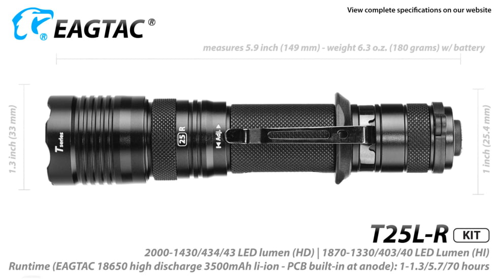 Eagtac USB Rechargeable T25LR XHP35 HI 385 Meter Tactical Flashlight KIT, Black, Medium, T25LRHIKIT