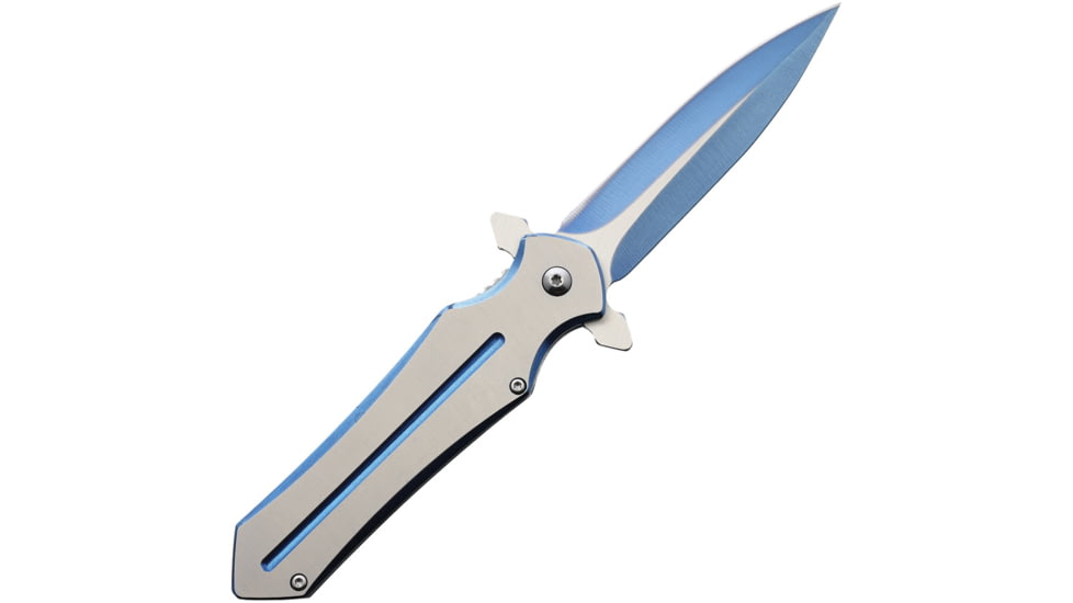 ElitEdge Two-Tone Blue A/O Folding Knife, 4.75in Closed, 3.5in, Two-Tone False Edge Stainless Blade, Blue/Silver Stainless Handle, 10-A38BL