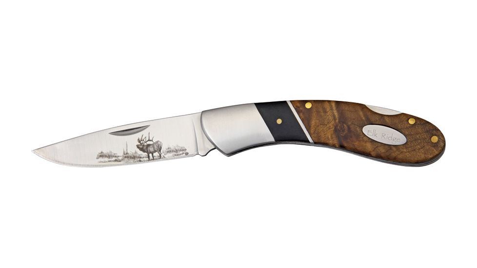 Elk Ridge Elk Lockback Folding Knife,StainlessDrop Point, Burl Wood Handle ER072D