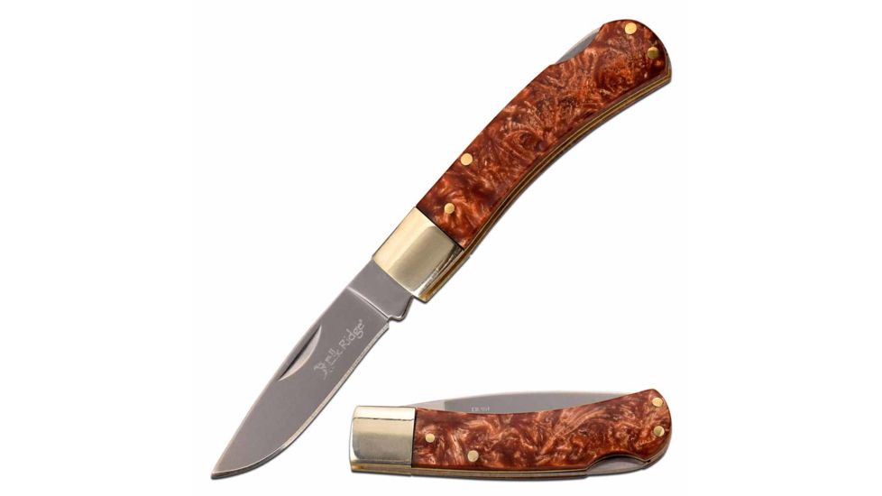 Elk Ridge ER-951BR Manual Folding Knife, 2.25in, 3CR13 Stainless Steel, Drop Point, Steel Blade, Resin Handle, Nickle/Brown, ER-951BR