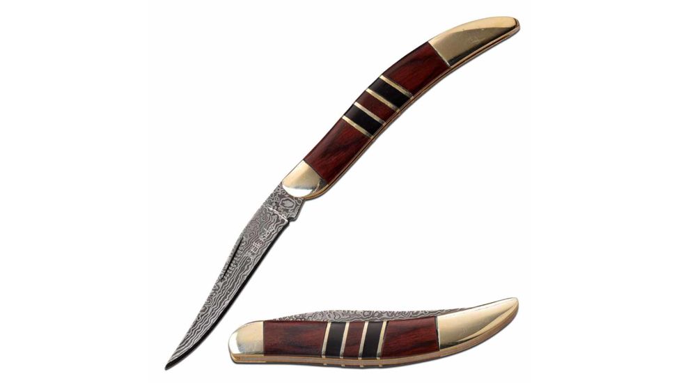 Elk Ridge ER-952WBCR Manual Folding Knife, 2.25in, 3CR13 Stainless Steel, Toothpick, Damascus Blade, Pakkawood Handle, Nickle/Wood/Black, ER-952WBCR