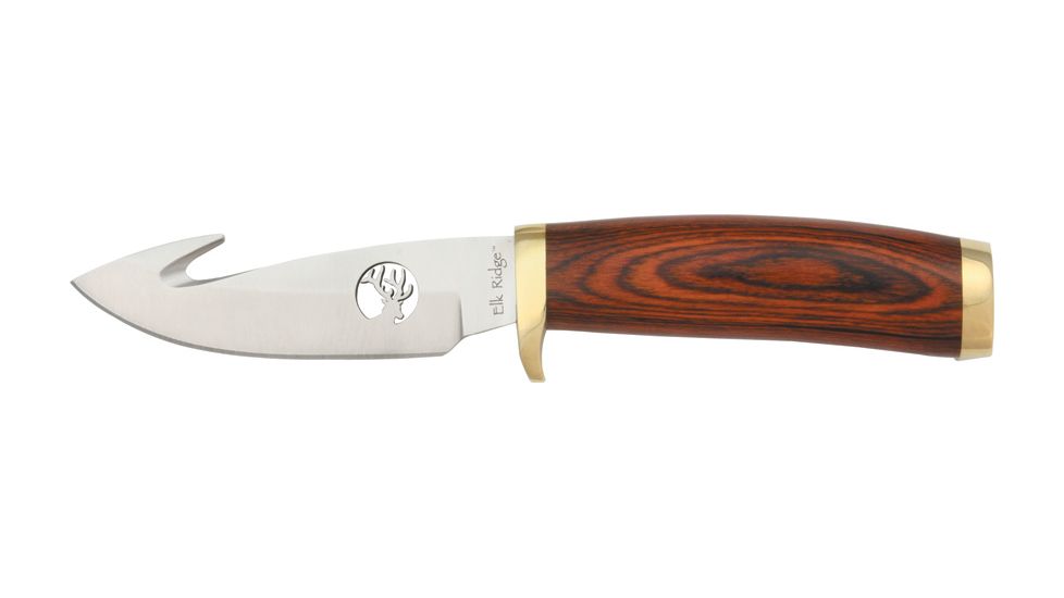 Elk Ridge Guthook Hunter Fixed Blade Knife, 4.125in, Mirror Polished Stainless, Brown Rich Grain Wood Handle ER049