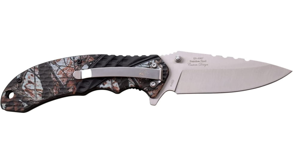 Elk Ridge Linerlock A/O Folding Knife, 3.5 satin finish 3Cr13 stainless blade, Camo textured aluminum handle, ER-A967CA