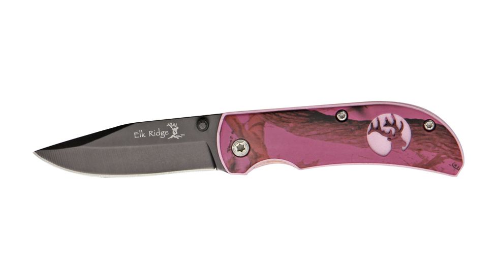 Elk Ridge Linerlock Pink Folding Knife, 2.25in, Black Carbon Stainless Blade, Aluminum Handle Pink Camo Onlay ER120PC