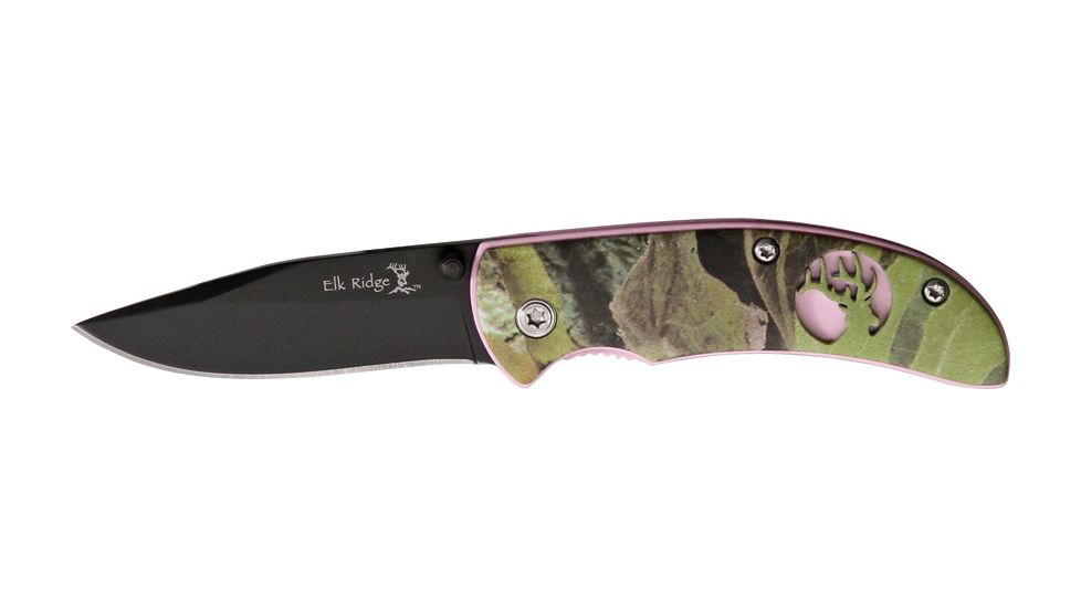Elk Ridge Pink Camo Linerlock Folding Knife, 2.25in, Black Drop Point, Pink Aluminum Handle ER120