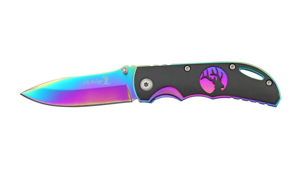 Elk Ridge Rainbow Linerlock Folding Knife, 2.625in, High Carbon StainlessDrop Point, Spectrum Aluminum Handle ER134RB